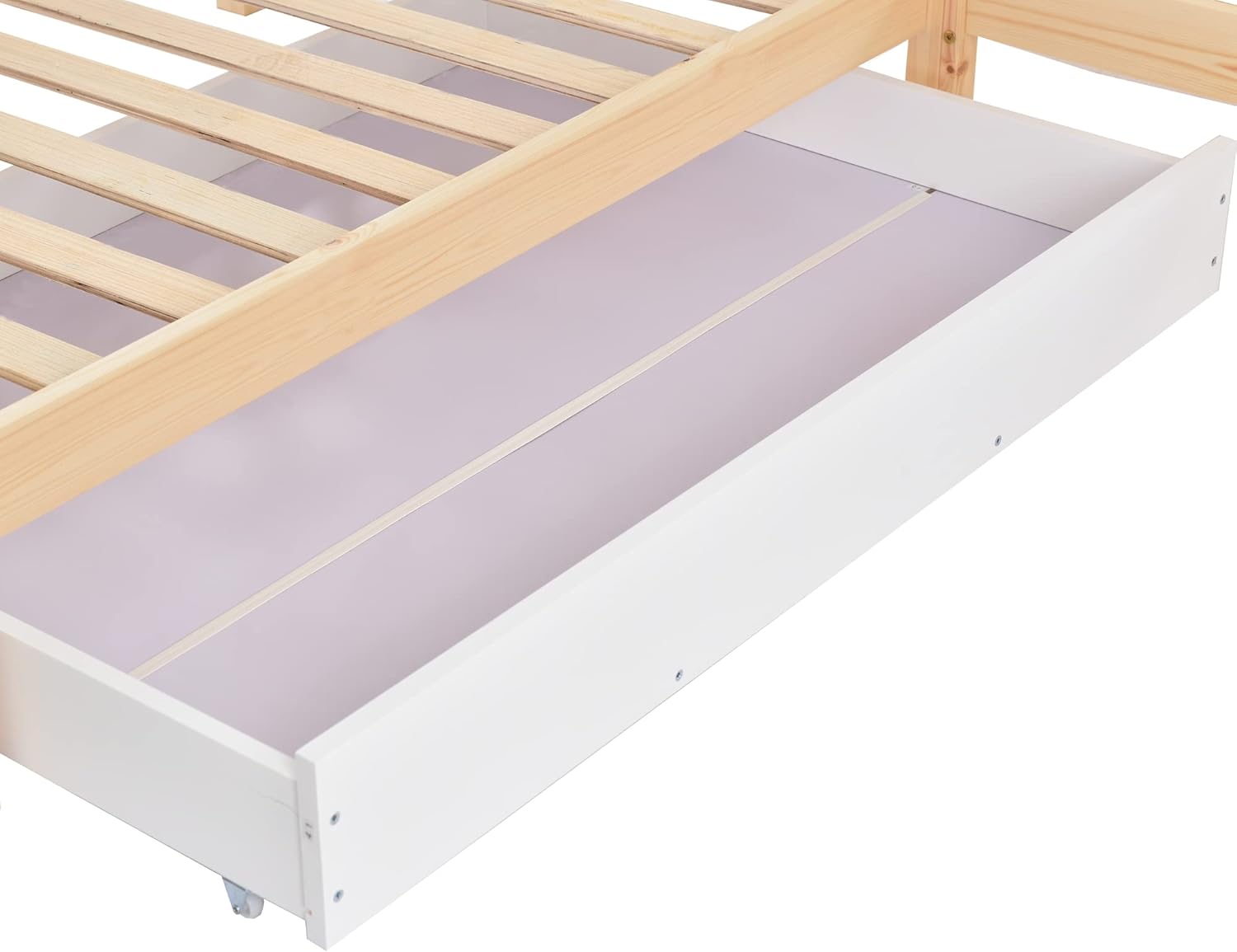Lexiou Kinderbett Hausbett mit Schubladen und Regalen, Massivholz mit Zaun und Lattenrost, L-Struktur (Natur)