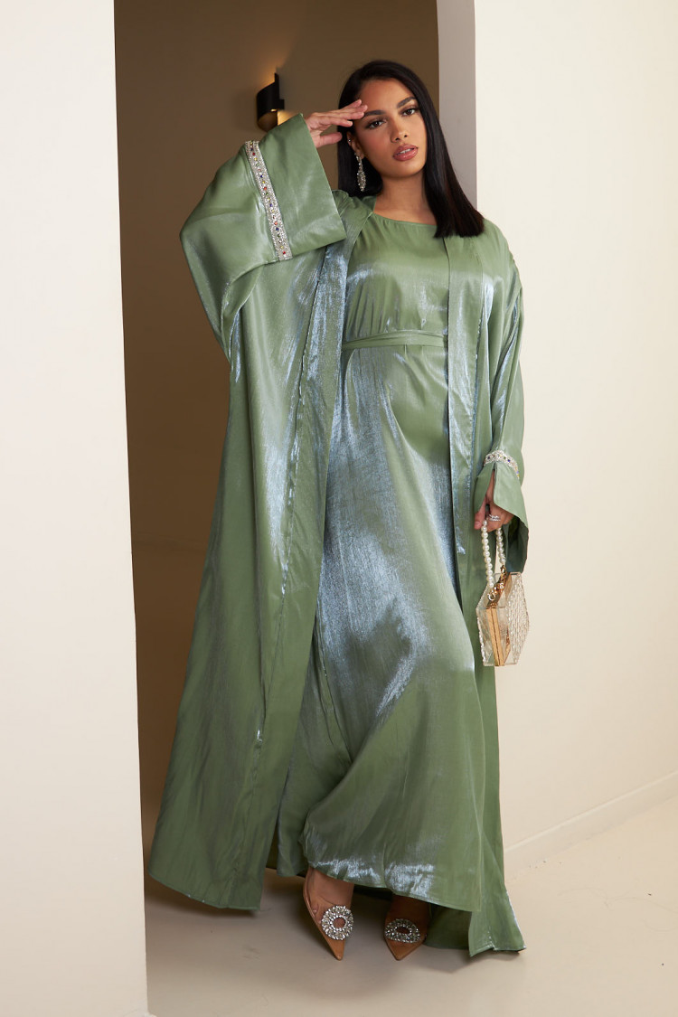 Ensemble 2 pièces abaya + gilet ceinturé kaki