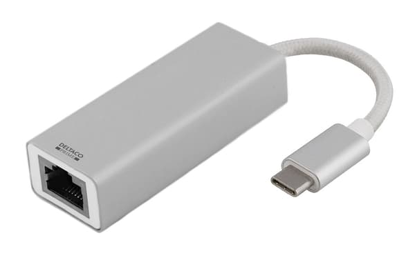 DELTACO PRIME USB-C nettverksadapter, Gigabit, RJ45, aluminium, sølv