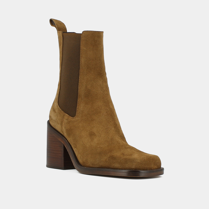 Boots à talons hauts et élastiques  en croute tabac