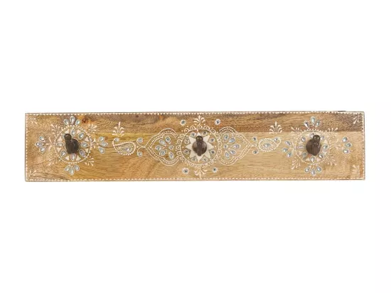 Porte-manteau en bois peint artisanal avec 3 crochets marron 48x5x10h