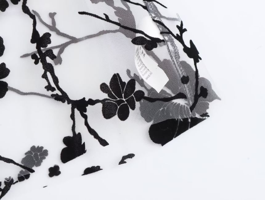 Avauntgardo - Blouse met lange mouwen, opstaande kraag, bloemenprint en doorschijnende strik aan de voorkant