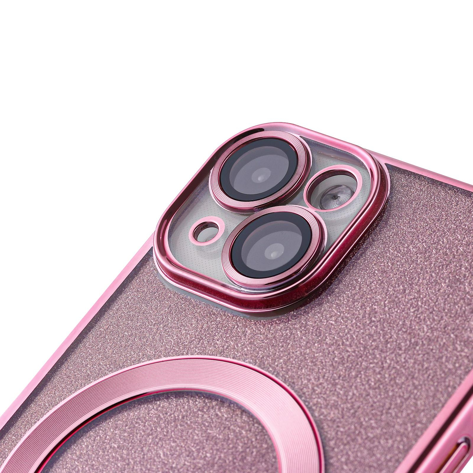 iPhone 14 MagSafe Gummi Case Hülle mit Acryl Kameraglasschutz im Glitzer Design - Rosa / Transparent