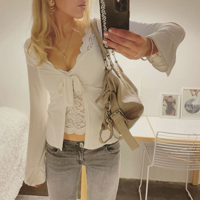 Honet - Crop top met lange mouwen, V-hals en strik aan de voorkant