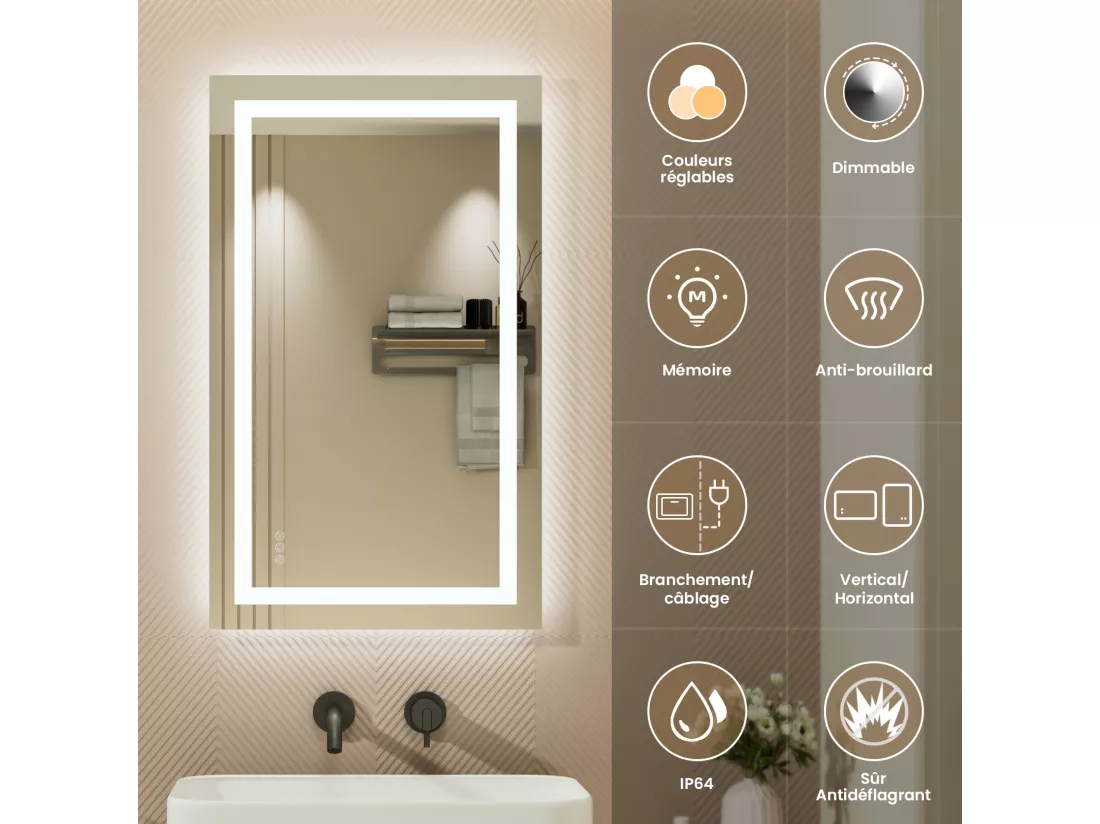 LED Miroir Lumineux Loupe+Tricolore + Anti-buée 100x60cm Salle de Bain Dimmable,Mémoire,Tactile