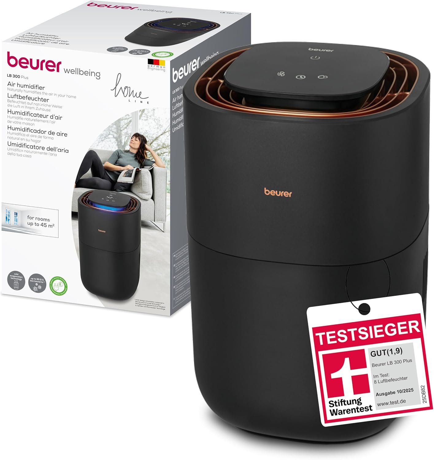 Beurer LB 300 Plus Luftbefeuchter, TESTSIEGER Stiftung Warentest, mit energieeffizienter Kaltverdunstungstechnologie, farbiger Luftfeuchtigkeitsindikator, Filtertrocknungsfunktion, Räume bis ca. 45m²