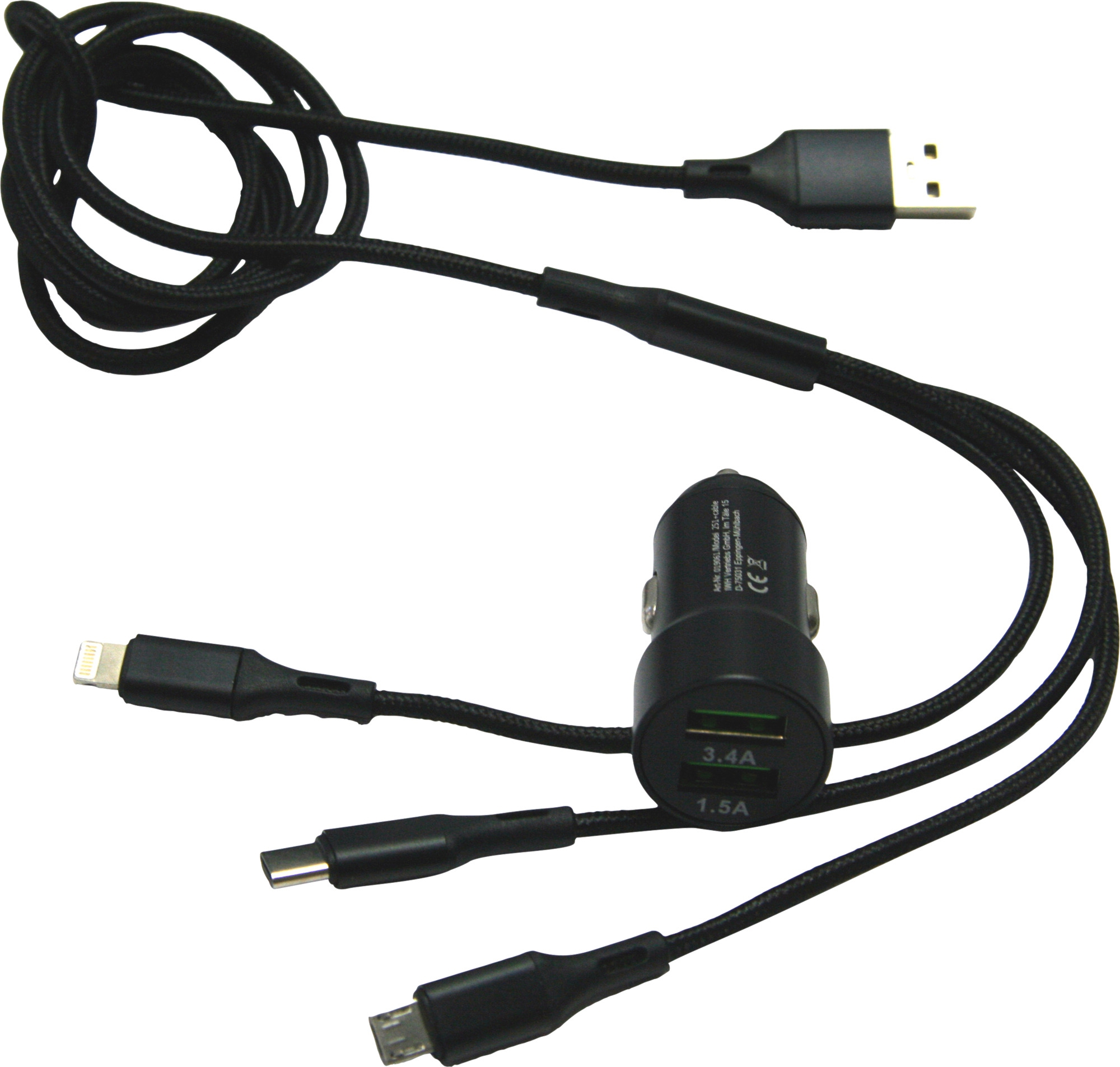 IWH Dual 3 in 1 USB Ladegerät für Autos 3 Anschlüsse 1,2 Meter