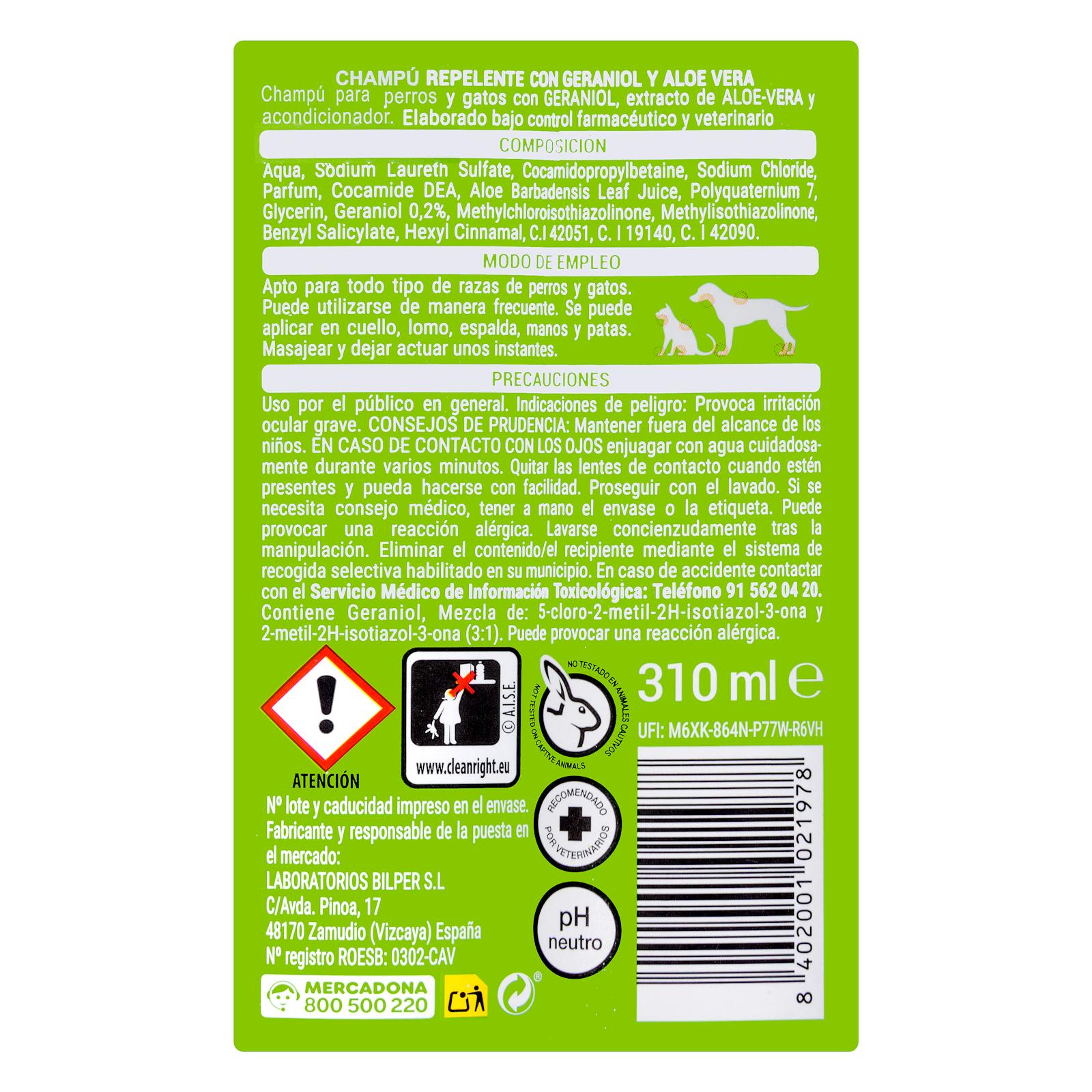 Shampoing répulsif à l'aloe vera Nuske pour chiens et chats