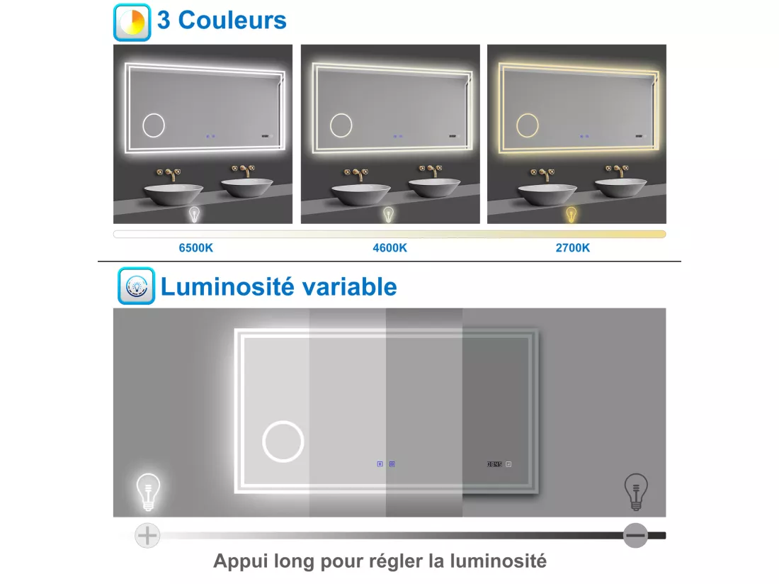 Aica Miroir de Salle de Bain LED avec Bluetooth 140 x 80cm, Miroir Lumineux avec 3 Couleurs et Anti-buée, Mural Miroir éclairé avec grossissant 3x