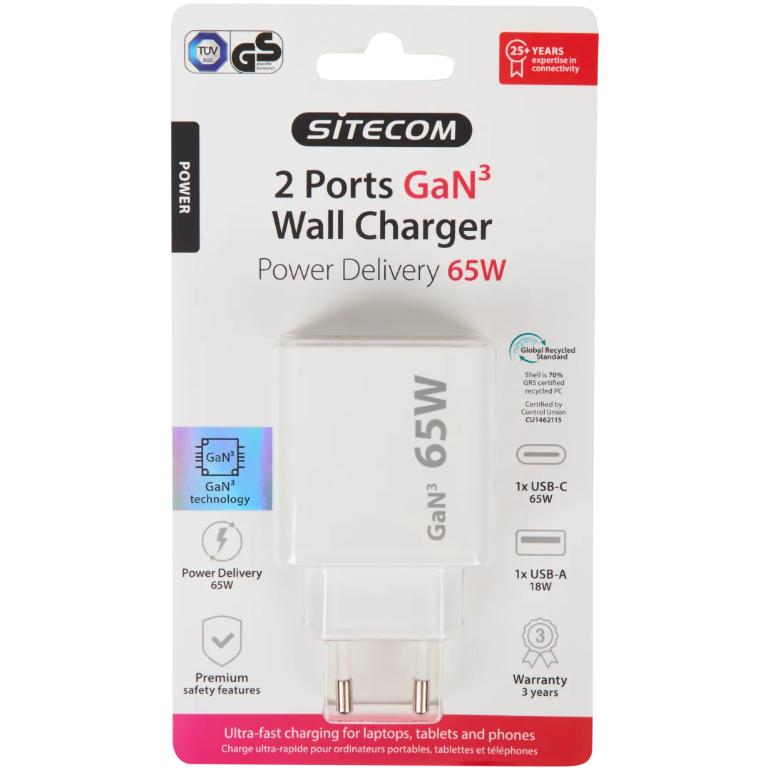 Chargeur rapide GaN³ Sitecom USB-C et USB-A