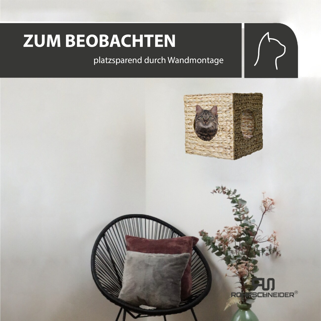 Rohrschneider ® eckige Katzenhöhle für Wandmontage, Kletterwandelement mit Gratis-Spielballset
