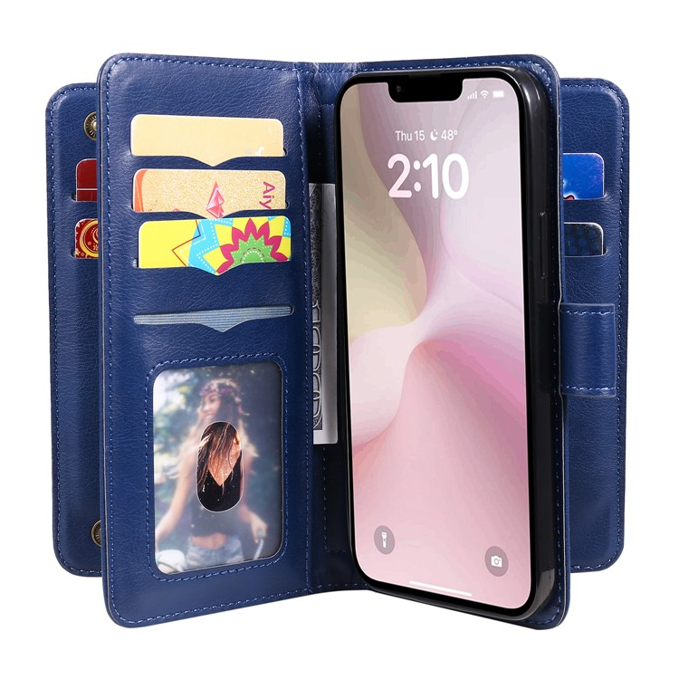 iPhone 16e Leder Tasche Flip Cover Kartenfächer mit Druckknopfverschluss - Blau