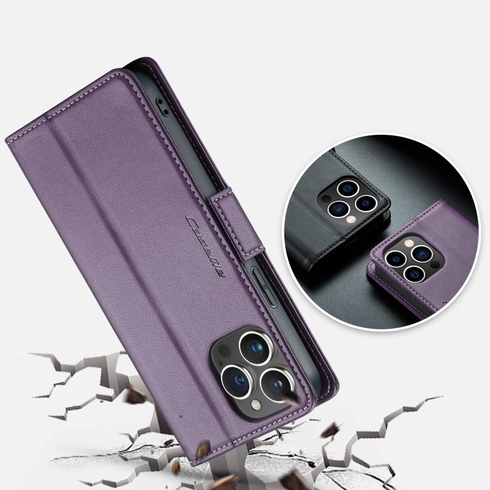 iPhone 15 Pro Max Leder Tasche Flip Wallet Etui mit Kartenfächern Litchi Look (RFID Schutz) - Violett