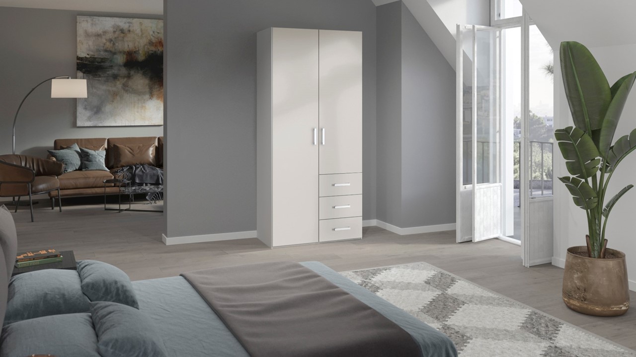 Draaideurkast Compact met laden en houten deuren wit