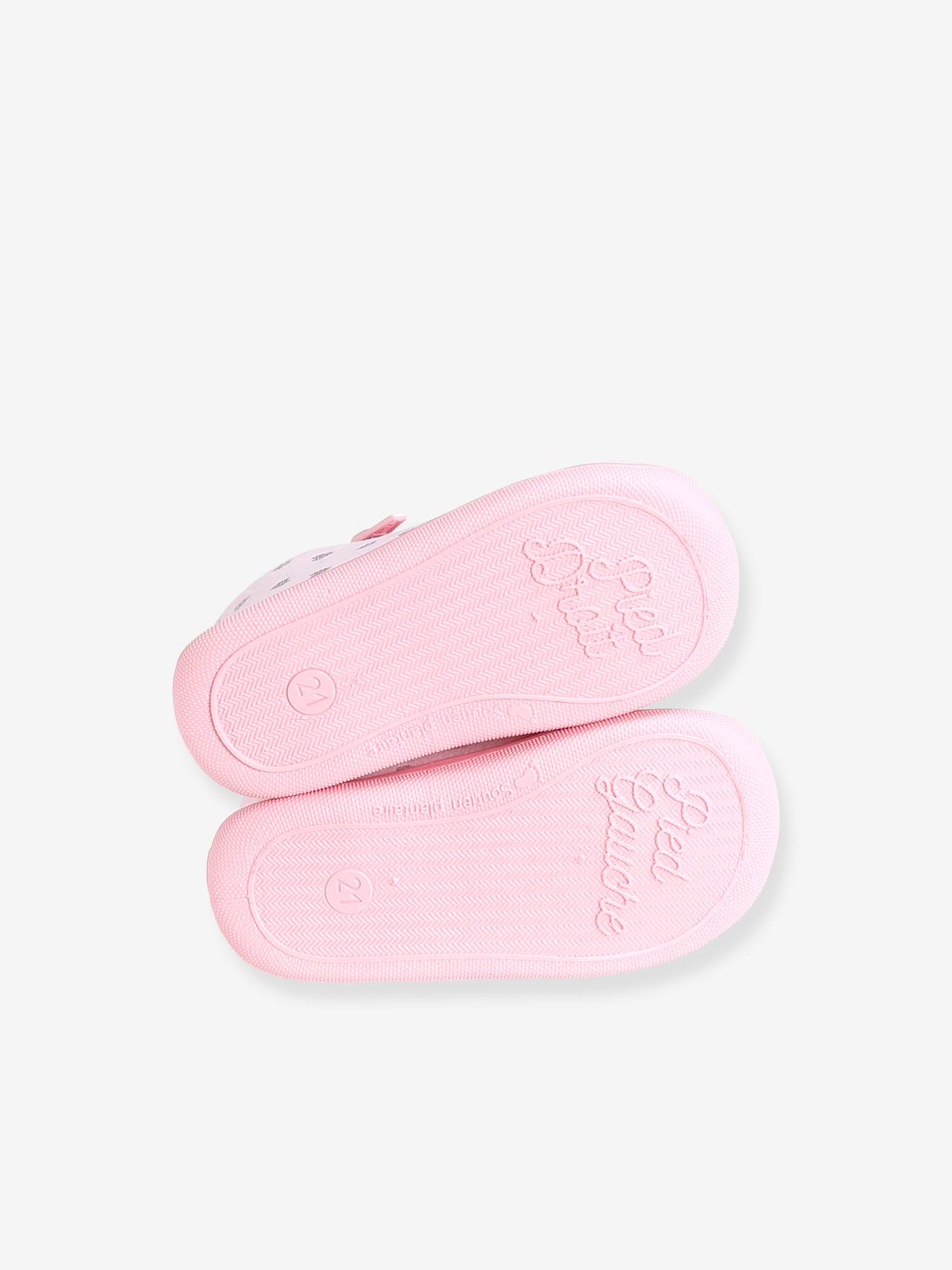 Pantufas de casa com zíper para bebê menina, fabricadas na França, estampa rosa claro