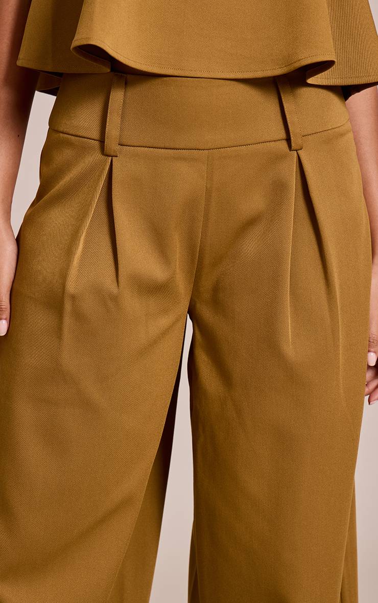 Vert Olive Foncé Pantalon Large Plissé En Tissu Tissé Ajusté