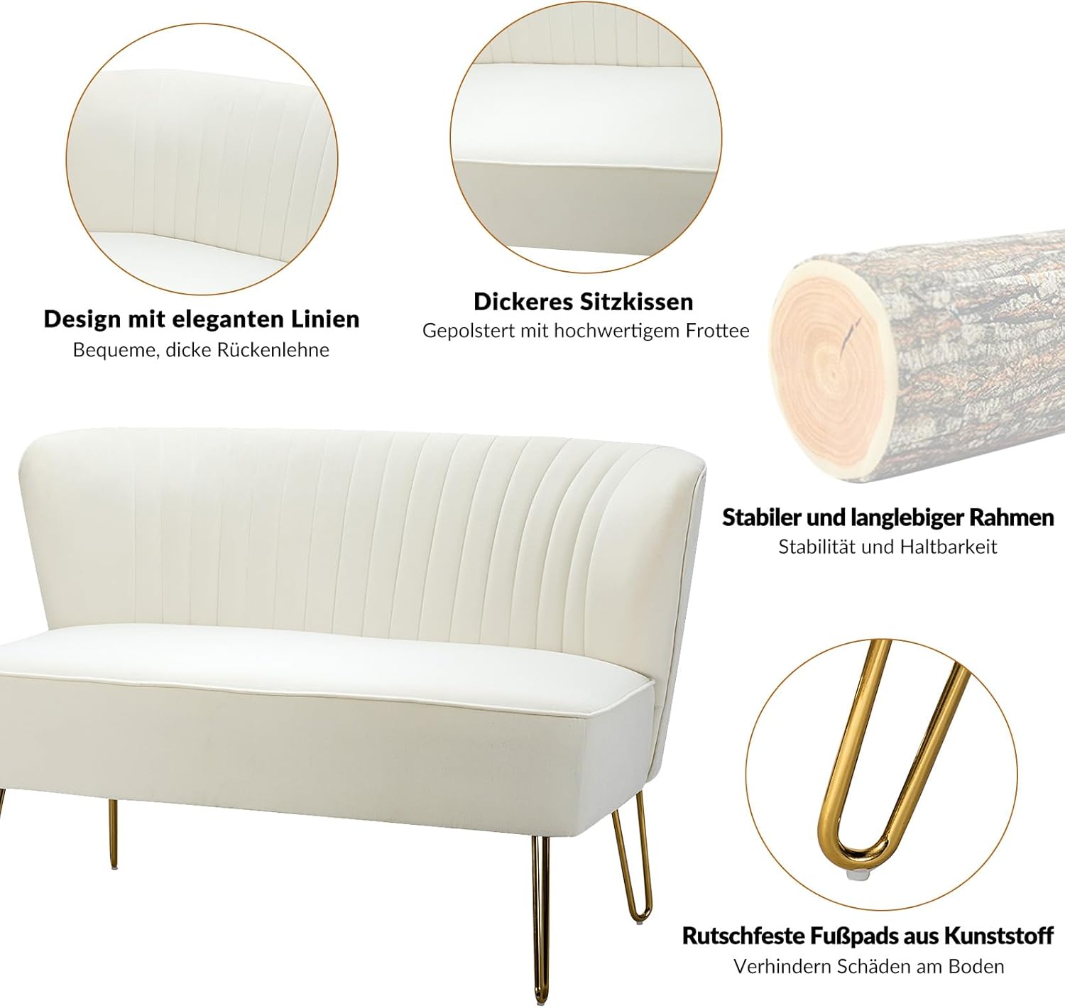 HULALA HOME Sofa 2 Sitzer Lounge Sofa Klein für Jugendzimmer Wohnzimmer Couch aus Samt mit goldenen Metallbeinen für Schlafzimmer, 114 x 74 x 79 cm, Weiß