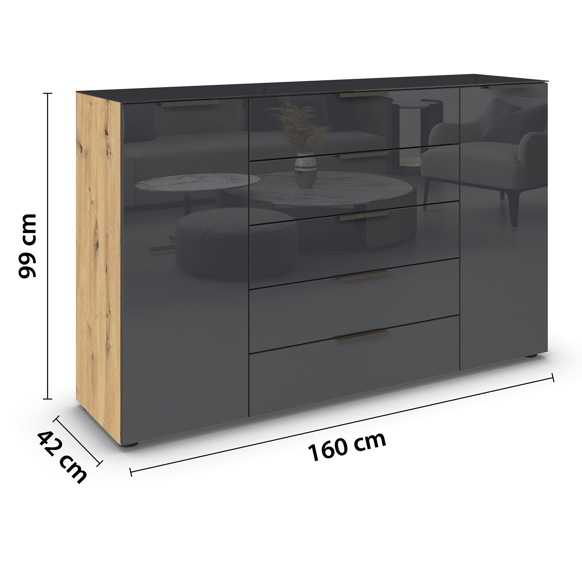 Kommode - Artisan Eiche-Basaltglas - Graphitgriffe - 160 cm