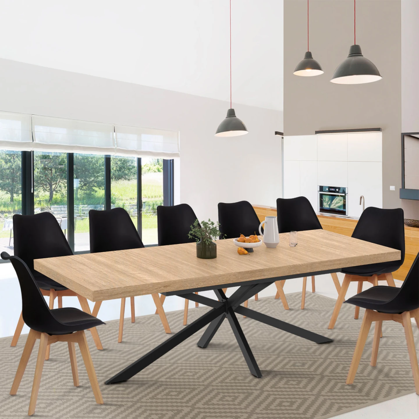 Table à manger extensible rectangle ALIX avec rangement 8-12 personnes pied araignée bois et noir 200-240 cm