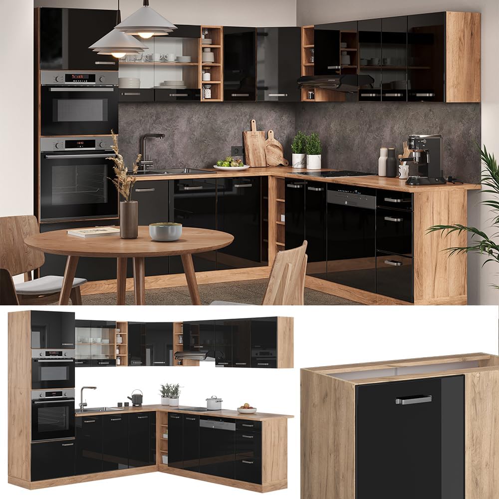 Vicco Eckküche R-Line, Schwarz Hochglanz/Goldkraft Eiche, 237 x 247 cm ohne Arbeitsplatte