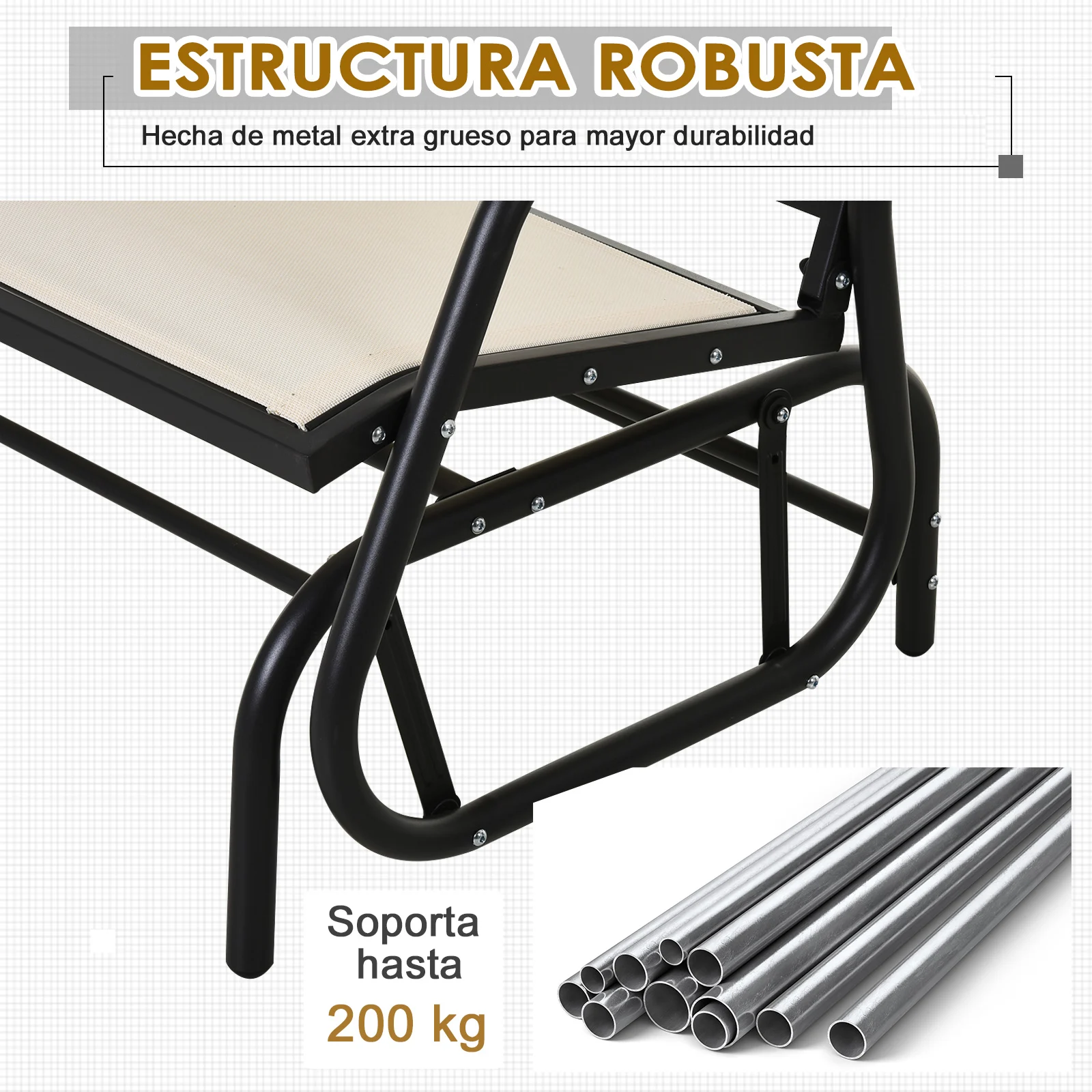 Banco de balanço Outsunny para 2 pessoas, cadeira de balanço para jardim, estrutura em metal e tecido Textileline respirável para uso externo, capacidade máxima de carga de 200 kg, 120 x 70 x 85 cm, bege