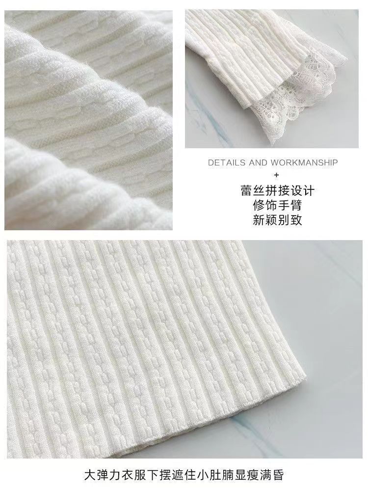 Onipixiy - Top met lange mouwen, geribbelde gebreide top met effen kant en een mockneck