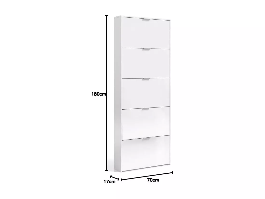 Commode meuble à chaussures en bois de 5 abattants couleur blanc brillant - Longueur 70 x Hauteur 180 x Profondeur 17 cm