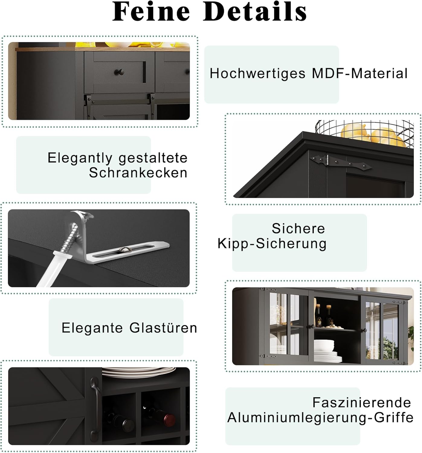 Merax Küchenschrank mit Arbeitsplatte, Hochschrank Küchenbuffet, Buffetschrank mit LED-Beleuchtung, Schubladen und Glas Türen, Verstellbaren Ablagen & Weinregal, Schwarz, 105x38.4x180cm