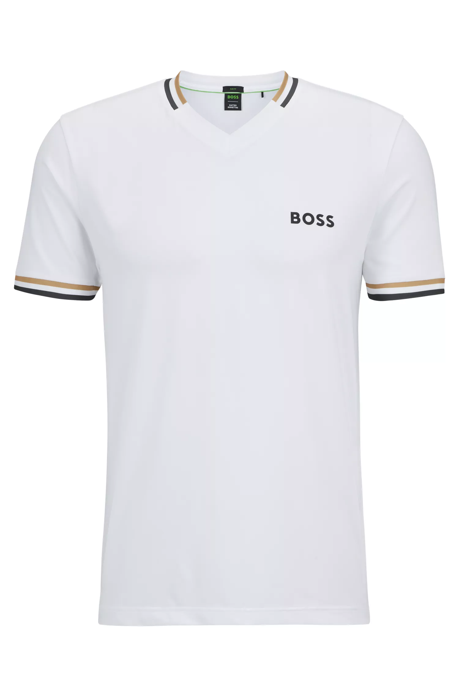 Camiseta slim-fit BOSS Green-BOSS x Matteo Berrettini com listras características.