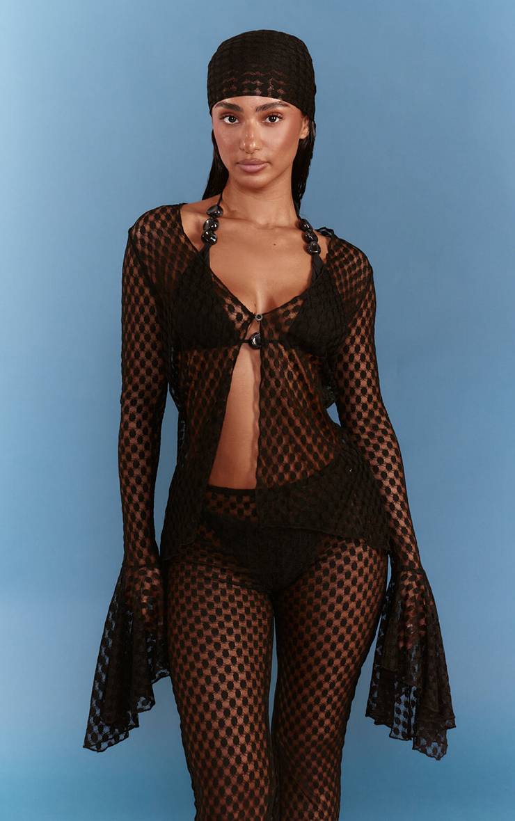 Noir Chemise De Plage Texturée Transparente À Manches Évasées