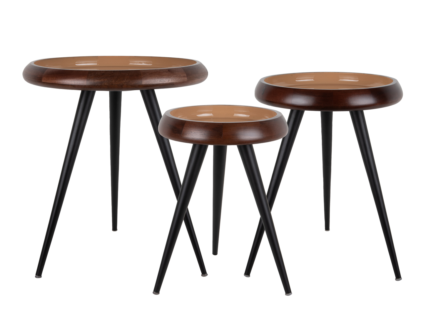 Table set Tripod warm walnut lacquer, soft brown enamel