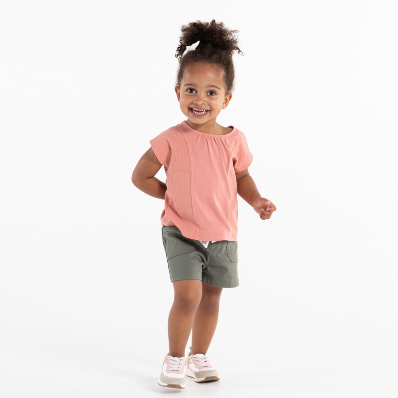 Blouse brodée bi-matière rose bébé fille