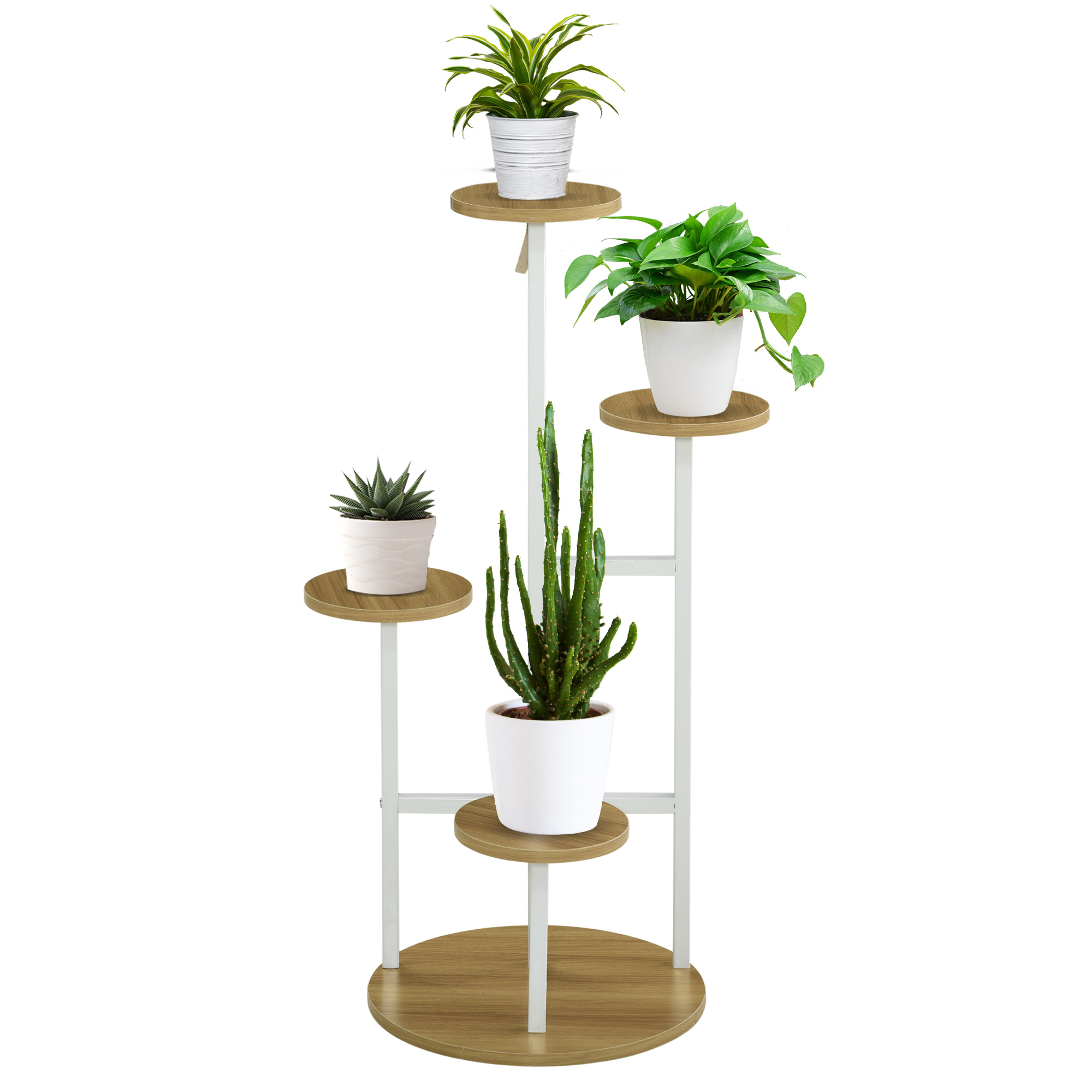 Suporte para plantas Outsunny de 4 níveis, suporte para vasos de flores, suporte para plantas com estrutura de aço para sala de estar, quarto, pátio, jardim, varanda, 40x40x95,5 cm, natural