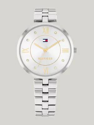 Relógio com mostrador branco prateado e pulseira de aço inoxidável