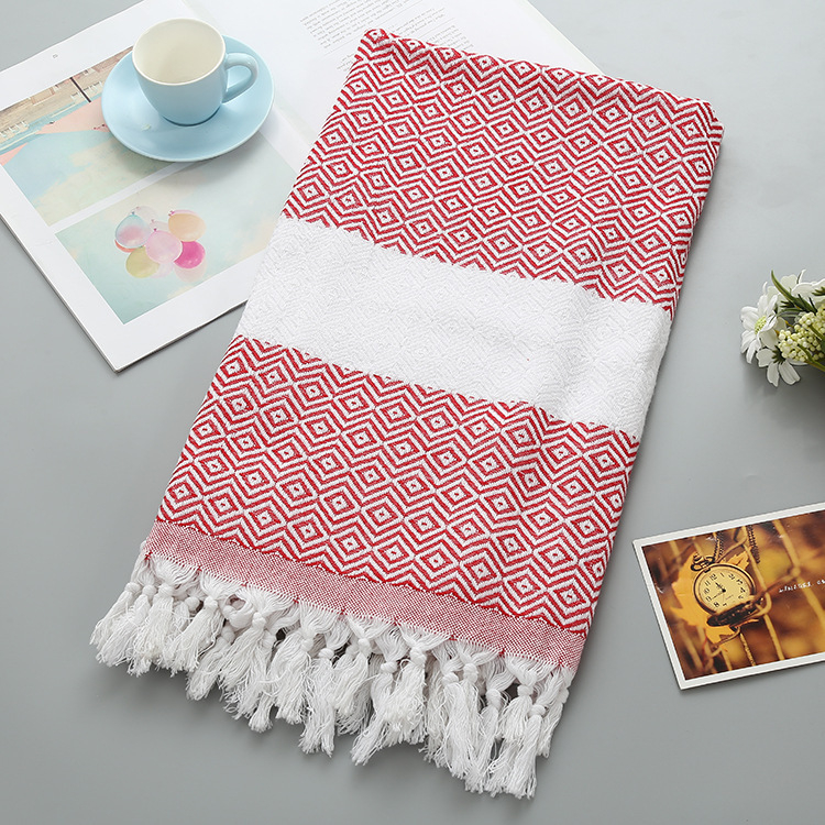 (180x100cm) XXL Baumwoll Badetuch Strandtuch Dünnes Pestemal Beach Tuch mit Tassel - Rot
