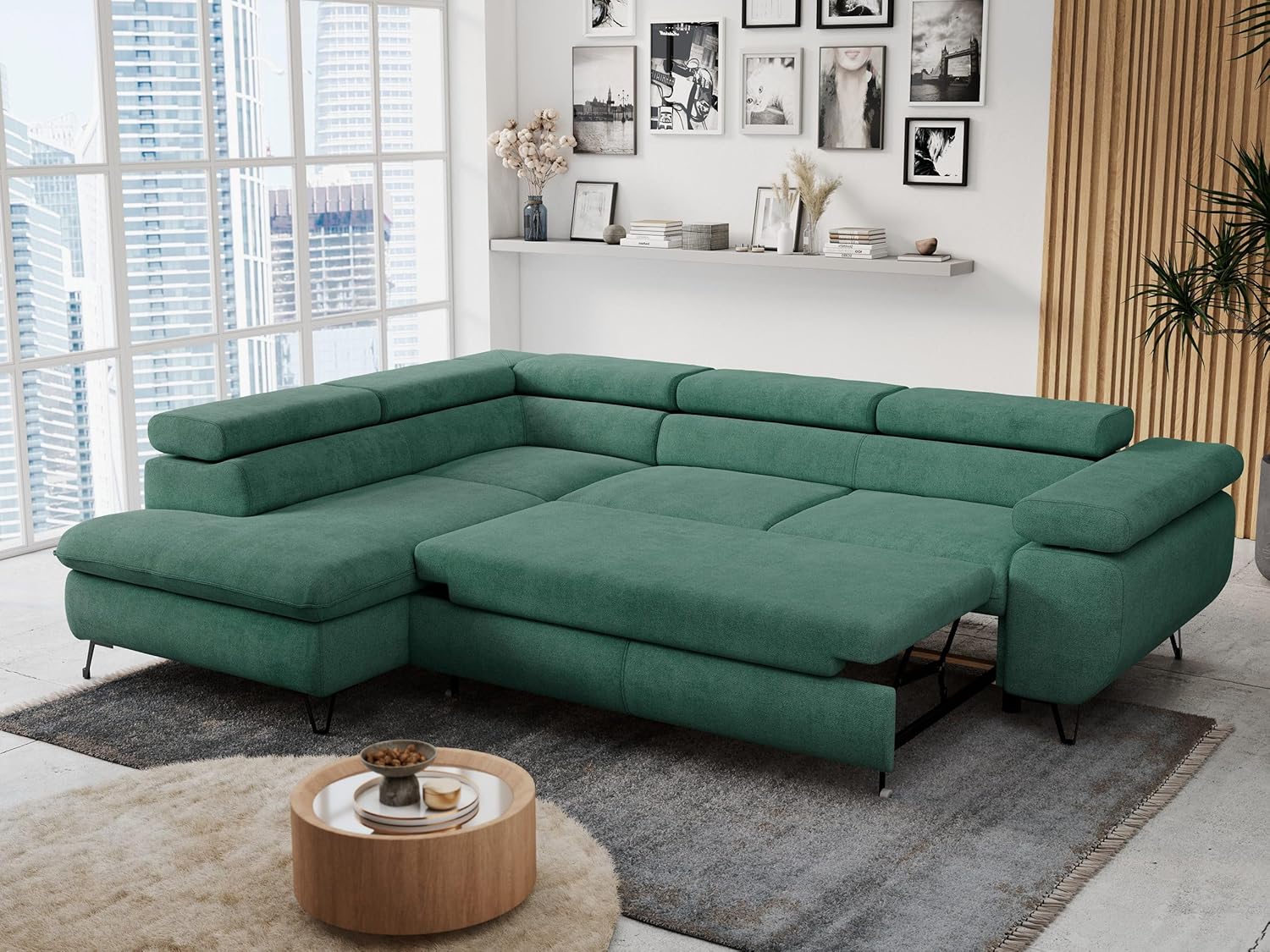 MKS MEBLE Ecksofa Wohnlandschaft L-Form mit Schlaffunktion und Bettkasten, Schlafsofa mit Bettkasten, Sofa mit Einstellbare Kopfstützen, Peter L - Stukture - Links Grün