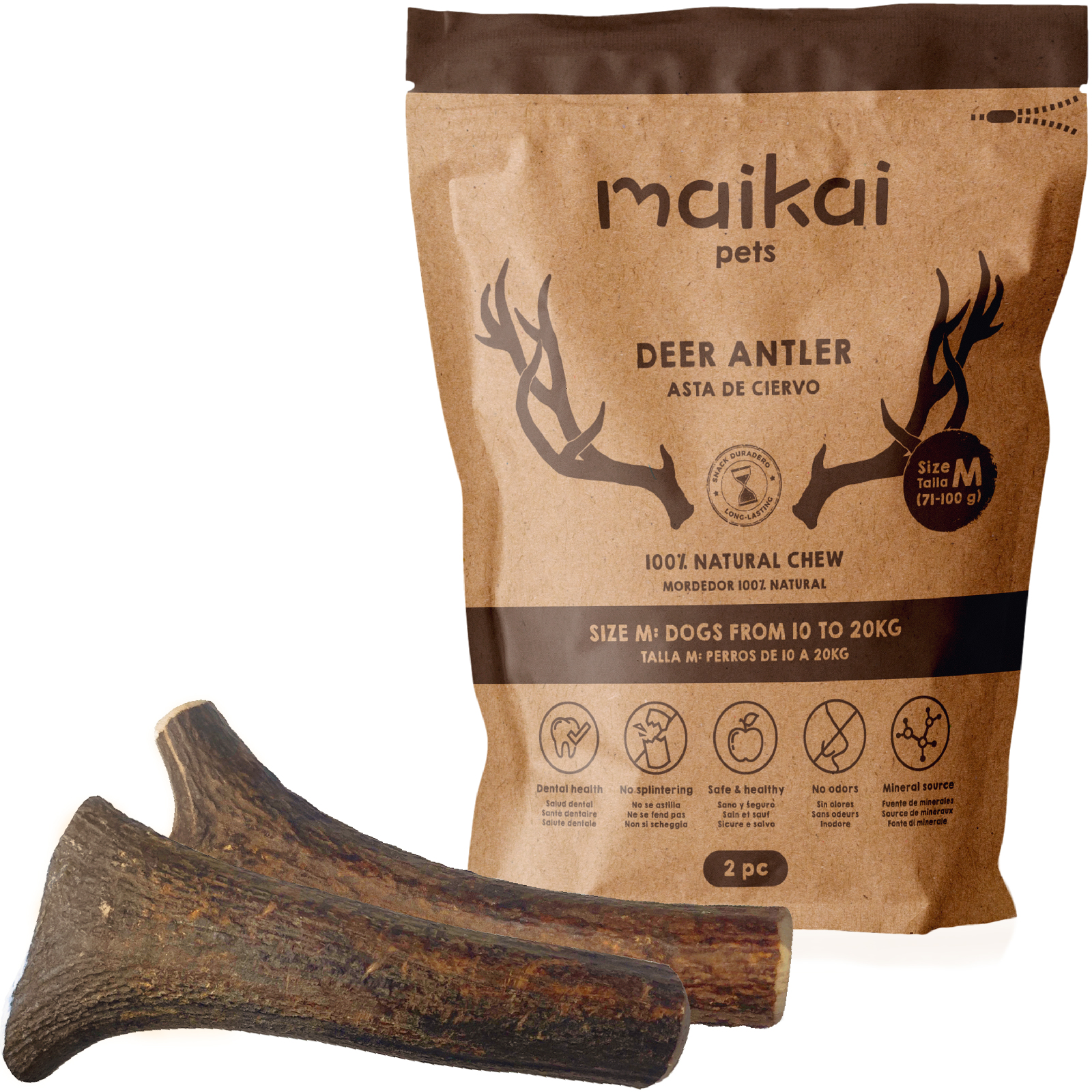 Chifre de veado natural. Tamanho P - 40-70g x 2 unidades. Brinquedo para cães. MAIKAI PETS