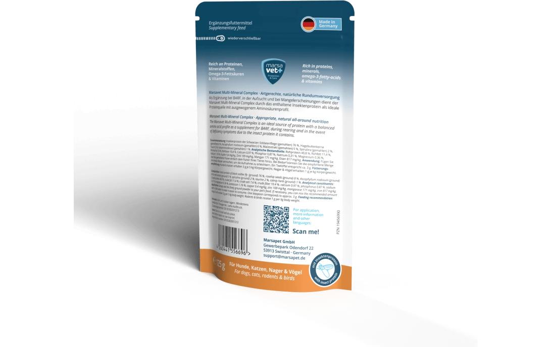 Hunde-Nahrungsergänzung Multi-Mineral Complex 125 gNatürliche Versorgung mit Vitaminen, Mineralstoffen, Omega 3 & Proteinen für Ihre Haustiere