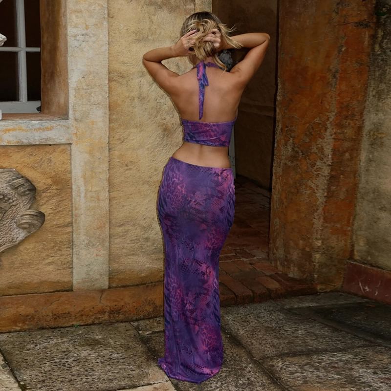 Weaveal - Halter Diep Decolleté Patroon Print Uitsnijding Spleet Paneel Kant Maxi Schede Jurk