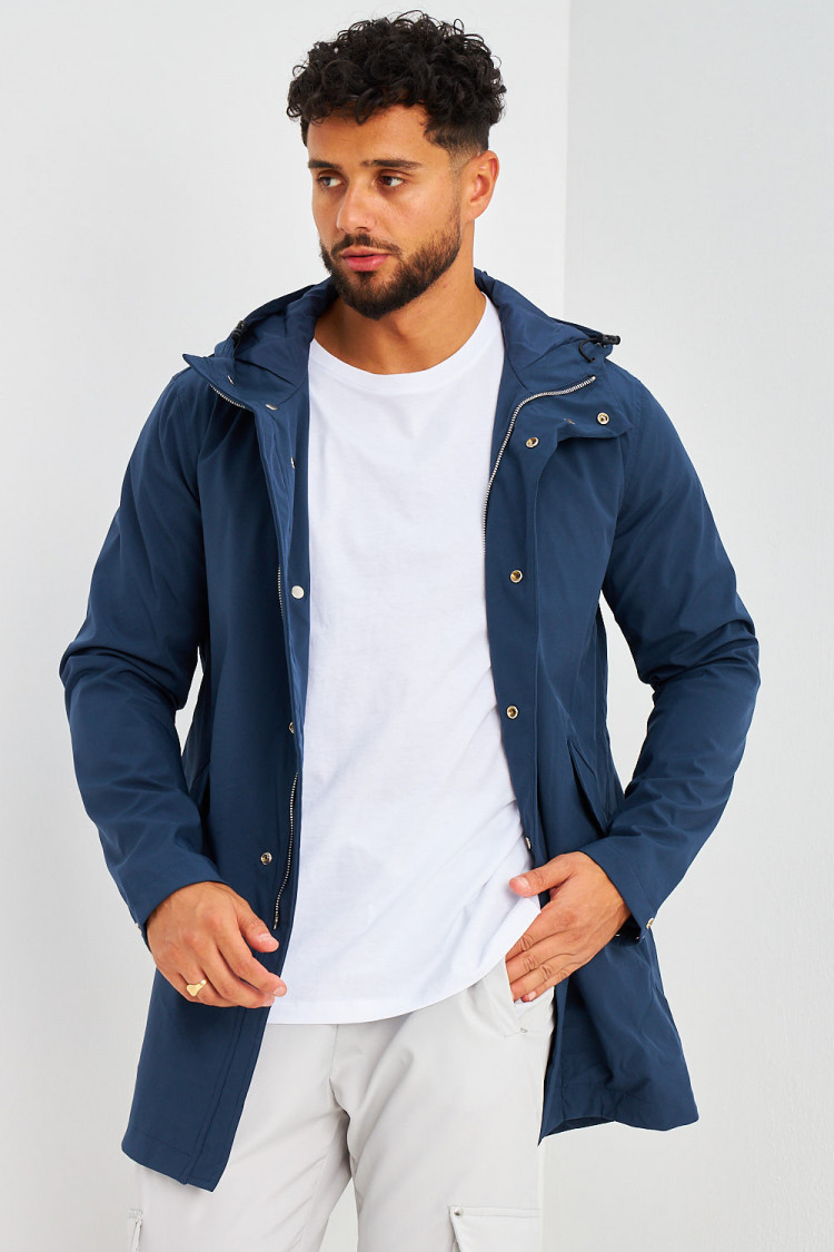 Veste mi-longue bleu marine à capuche