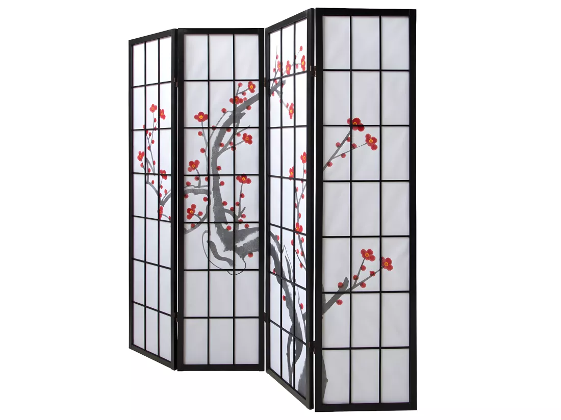 Paravent japonais fleur de cerisier en bois noir de 4 pans, L176 x H175 x P2 cm