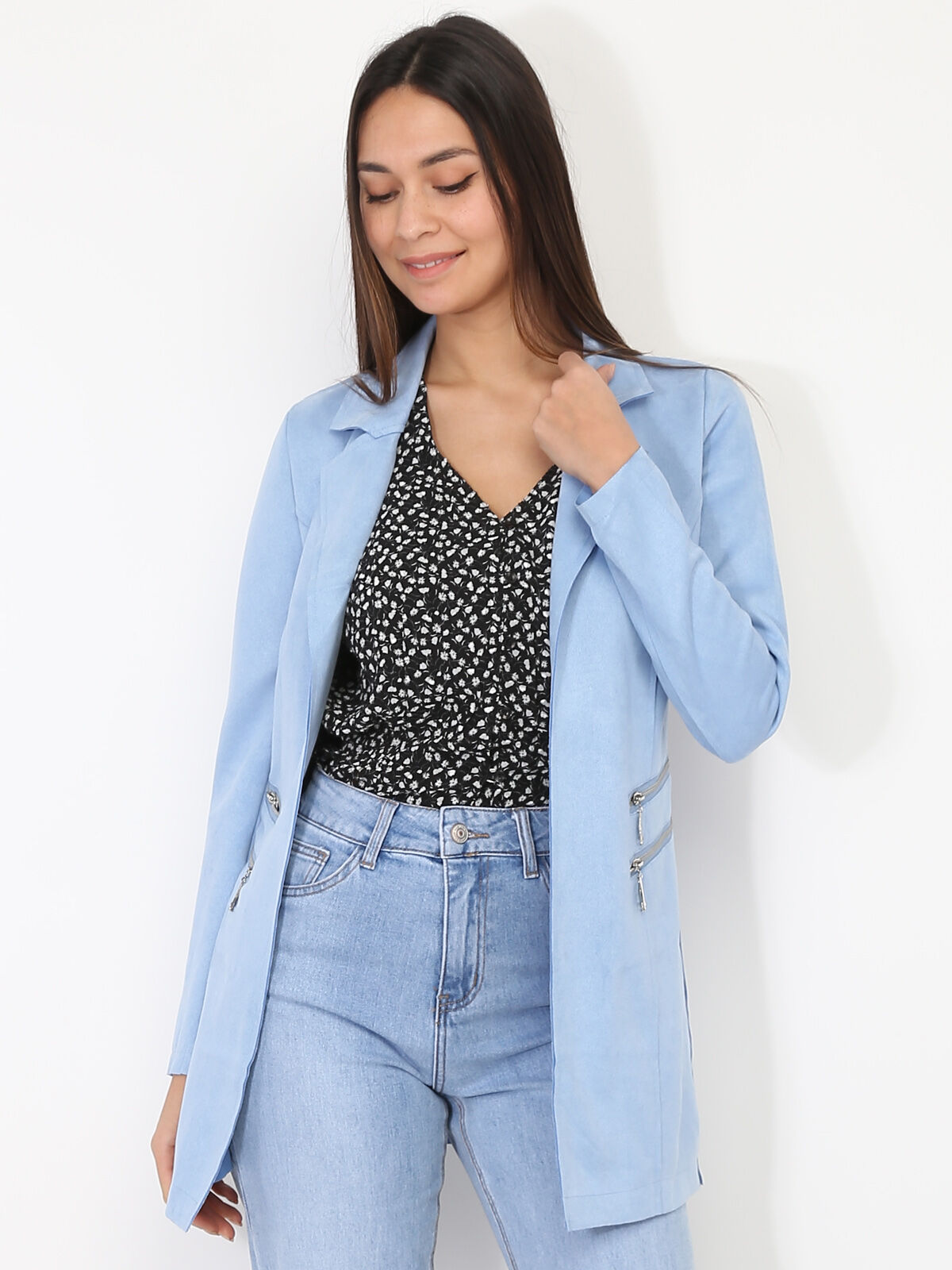Veste longue en suédine à zips- Bleu clair