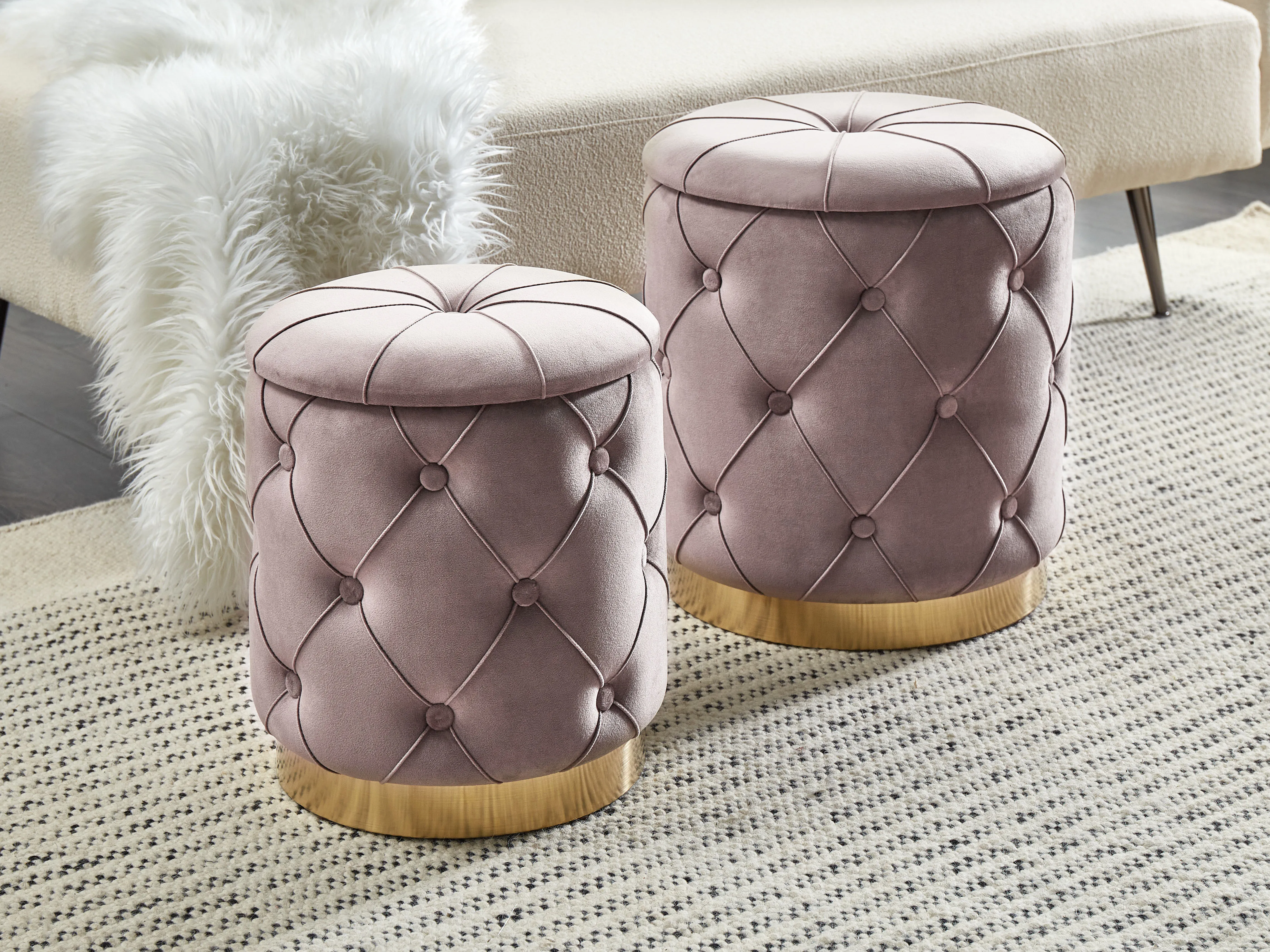 Set van 2 opbergpoefs PUEBLO Fluweel Taupe