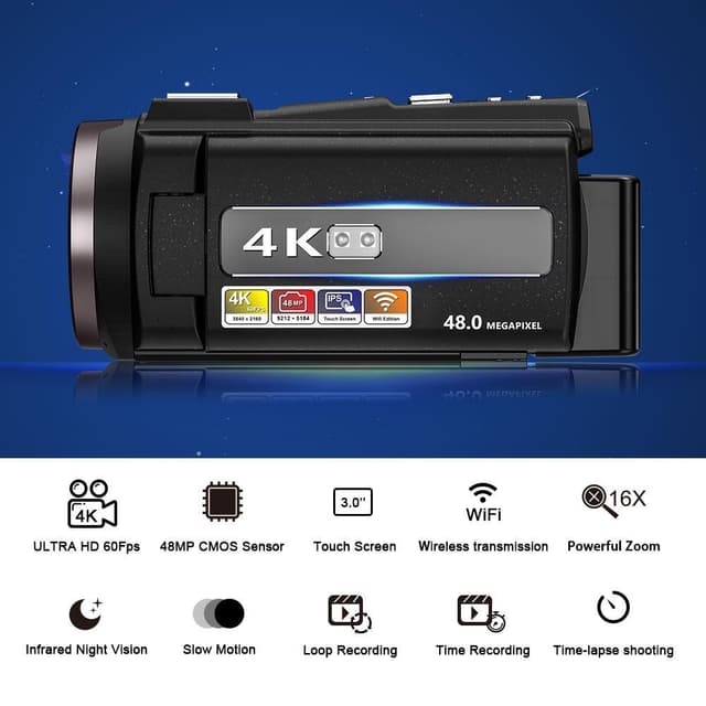 Videokamera 4K/48MP/16x Zoom/IR nattesyn/fjernbetjening