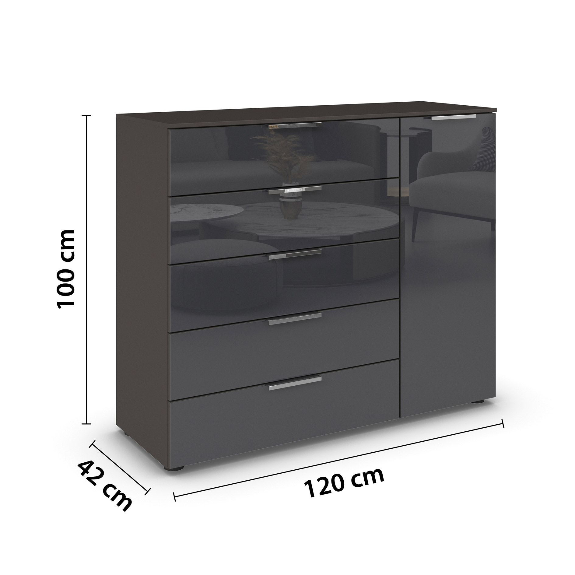 Kommode - graphit-Basaltglas - Chromgriffe - 120 cm