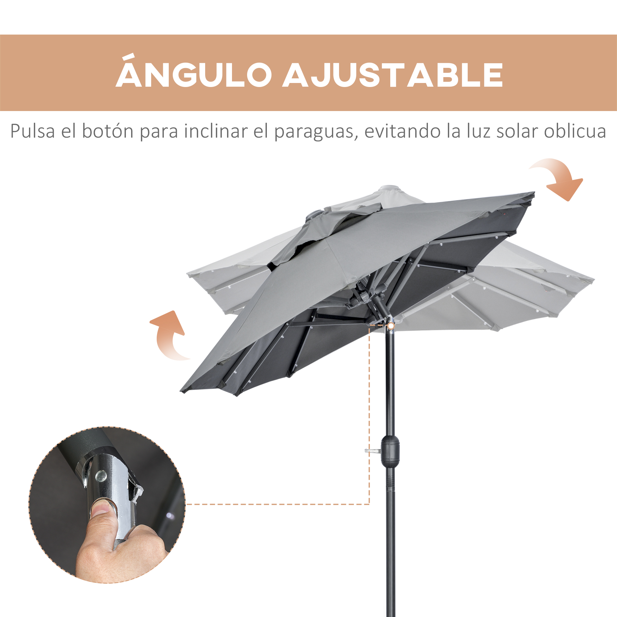 Guarda-sol duplo Outsunny 295x150x219 cm para jardim com luzes LED solares, teto inclinável ajustável e manivela manual para pátio, piscina e praia, cinza.