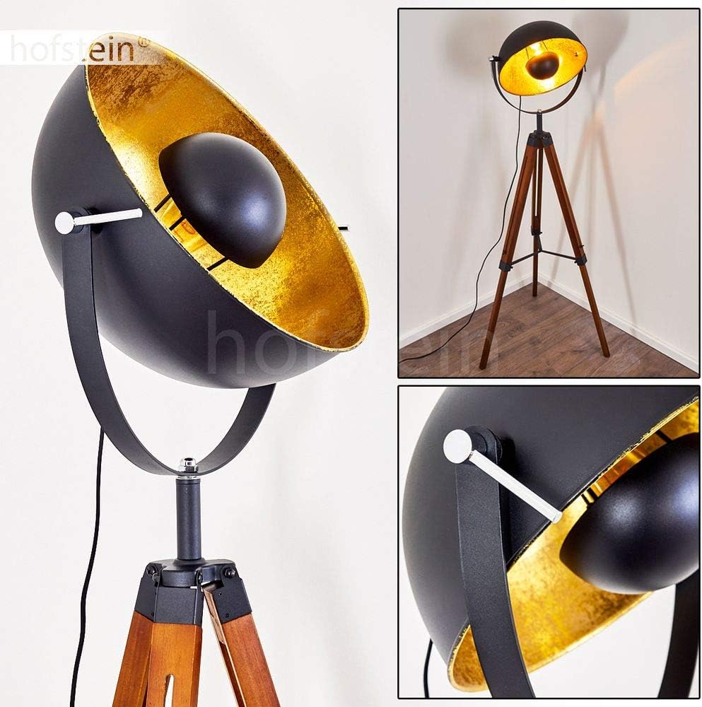 Stehlampe Jupiter, Stehleuchte aus Holz/Metall in Goldfarben/Braun/Schwarz, 1 x E27,Fußschalter am Kabel, verstellbare Stehleuchte mit anpassbaren Stellschrauben, ohne Leuchtmittel
