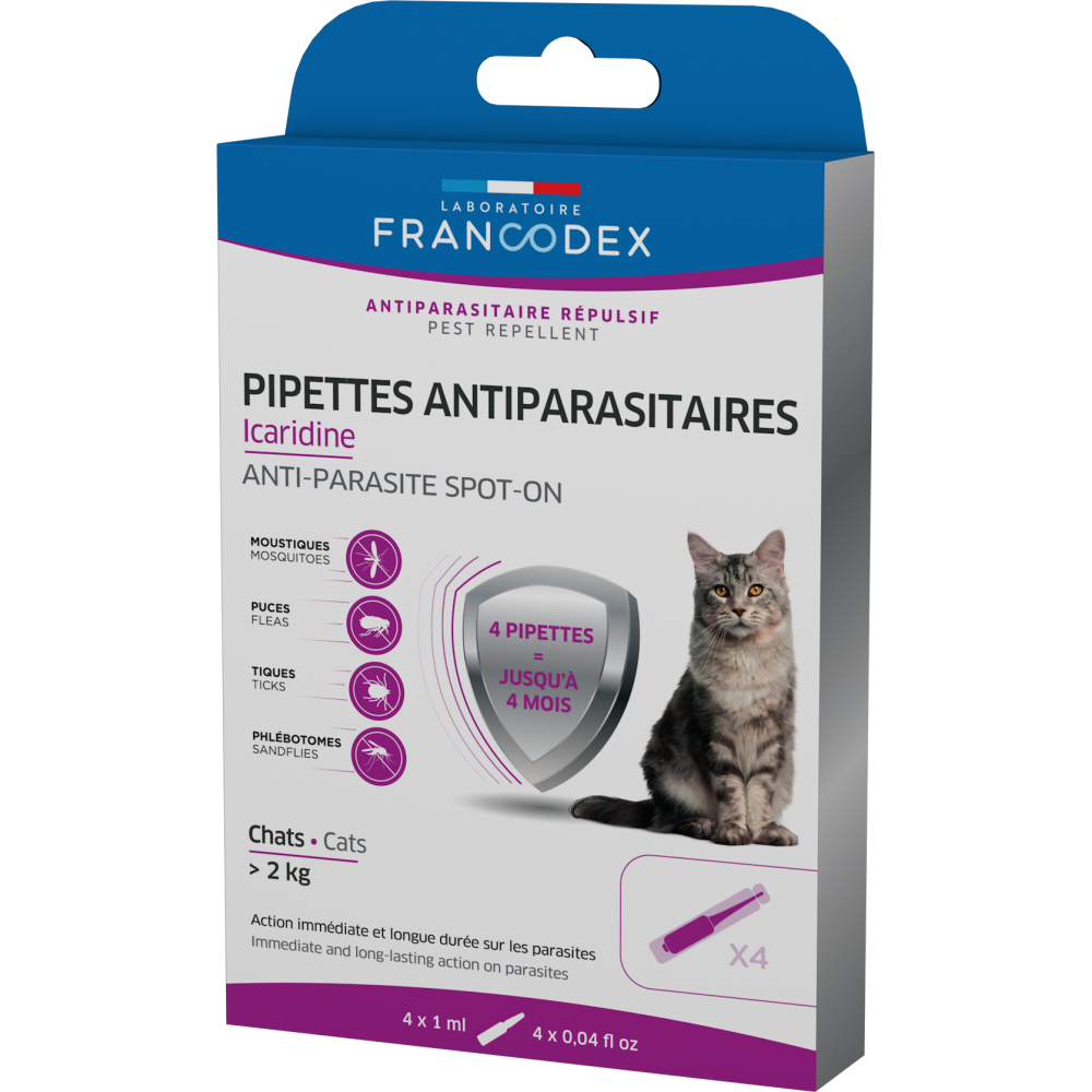 4 pipettes antiparasitaires icardine pour chats plus de 2 kg