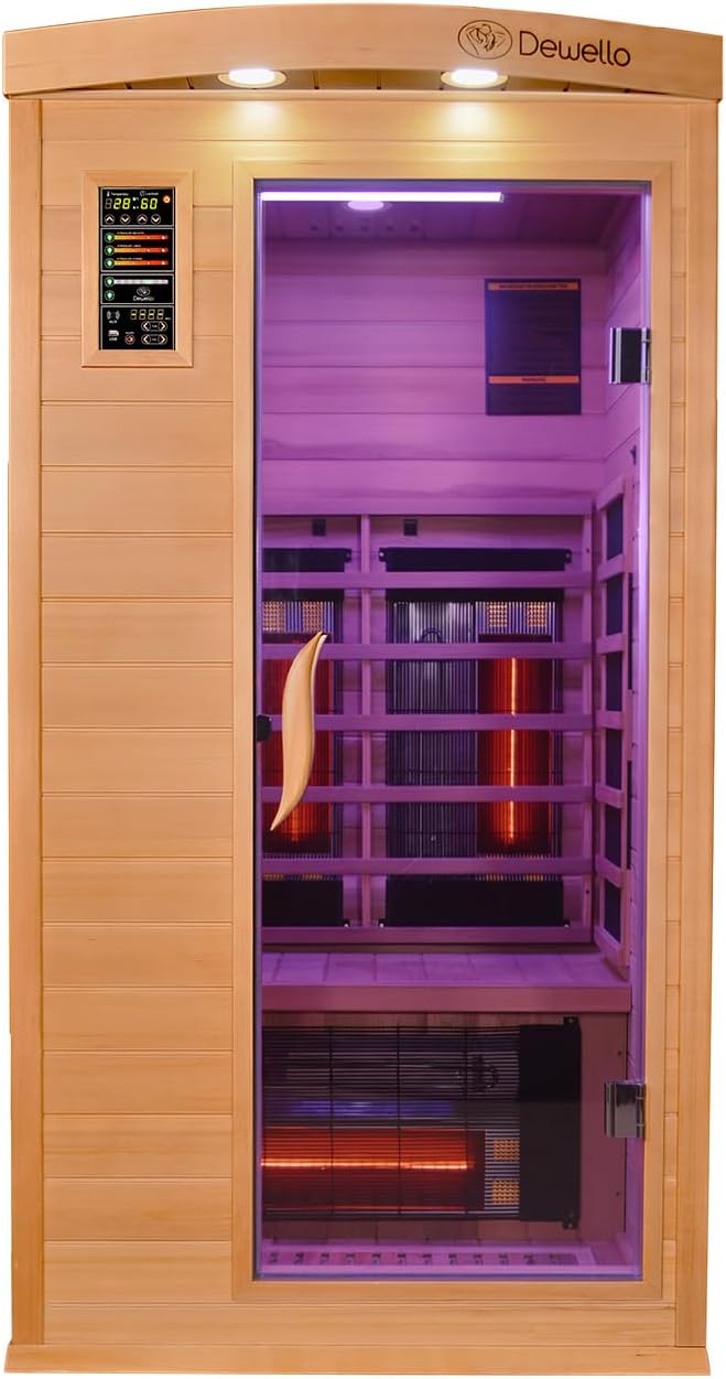 Dewello® Infrarotkabine Infrarotsauna Pierson PRO 100x100 für 1 Person aus Hemlock und Zedernholz, Duo Vollspektrumstrahler, Bodenstrahler, LED-Farblicht, Bluetooth
