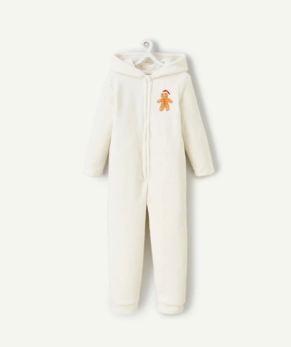 SURPYJAMA DE NOËL FILLE EN FIBRES RECYCLÉES ÉCRU AVEC CAPUCHE ET OREILLES DE CERF
